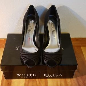 Black satin peep toe heels, size 8
